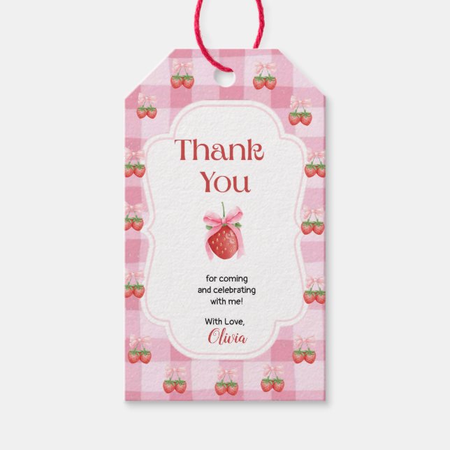 Röd jordgubbsbär Första födelsedag Tack Presentetikett (Framsidan)