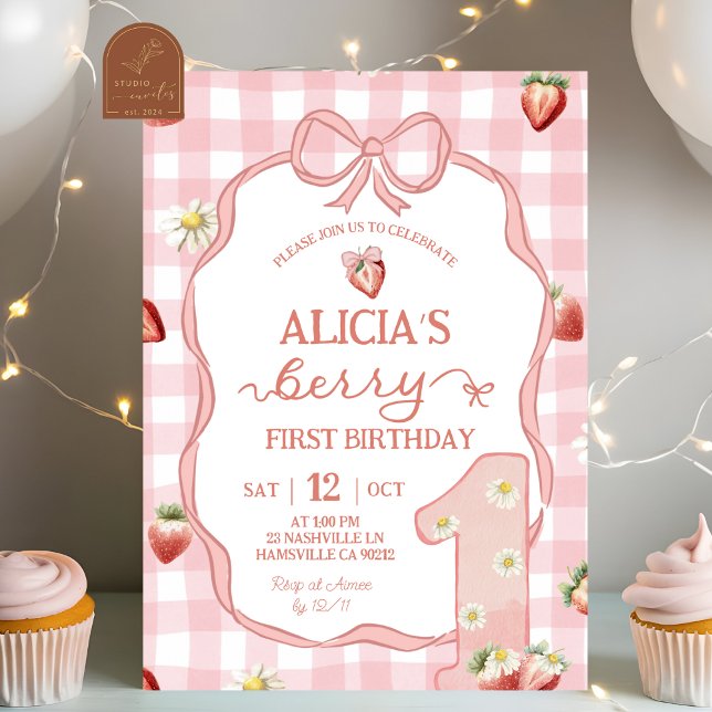 Röd Jordgubbsdaisy Coquette Bär 1-årsdag Inbjudningar (Skapare uppladdad)