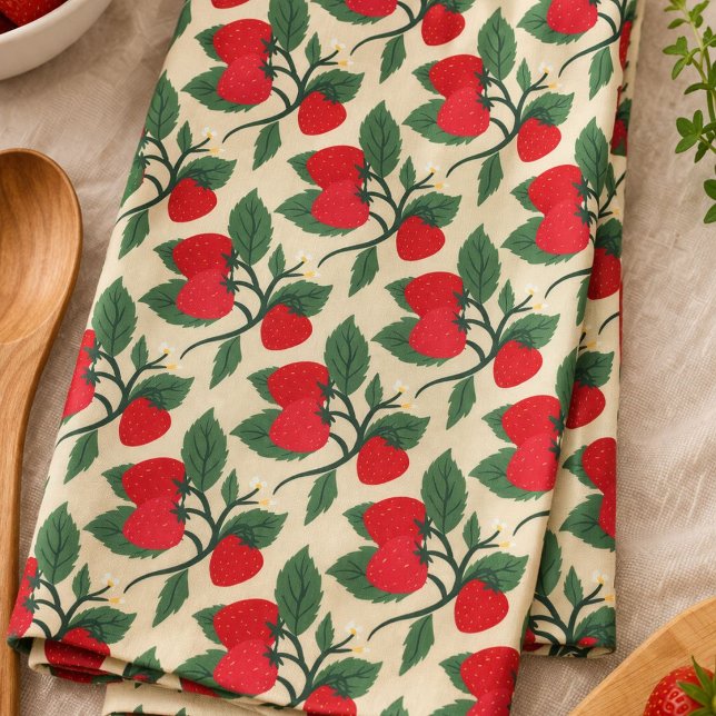 Röd Jordgubbsplanta Monogram Vintage Kökshandduk (Skapare uppladdad)