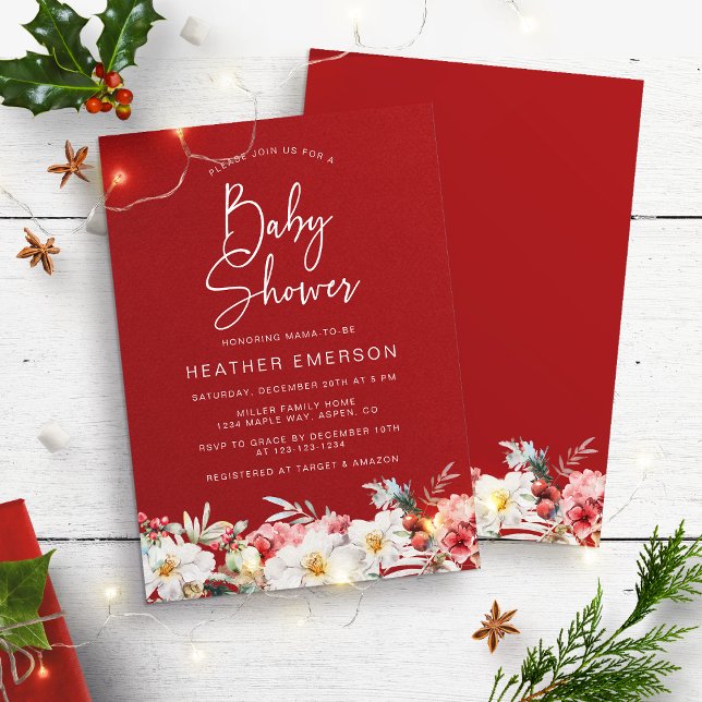 Röd jul baby shower inbjudan (Rustic Boho Watercolor Floral Christmas Holiday Baby Shower Invitation by Painted Paperie)