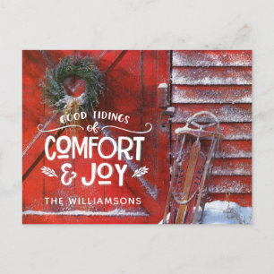 Röd jul Barn Land Script Comfort och Joy Helg Vykort