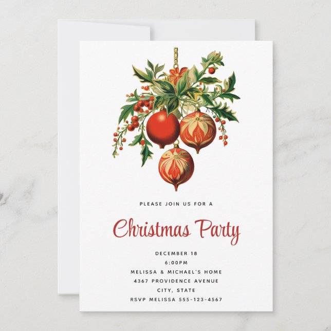 Röd jul Baubles med Holly Festive Inbjudningar (Framsida)