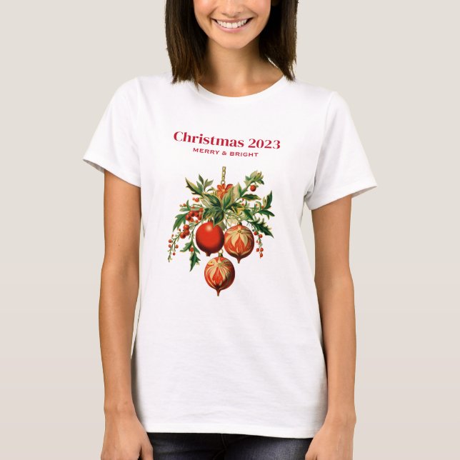 Röd jul Baubles med Holly Festive T Shirt (Framsida)
