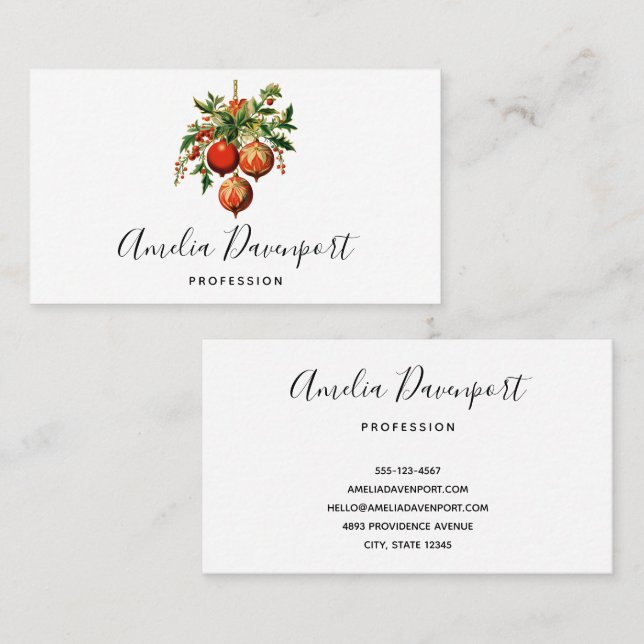 Röd jul Baubles med Holly Festive Visitkort (Fram/baksida)