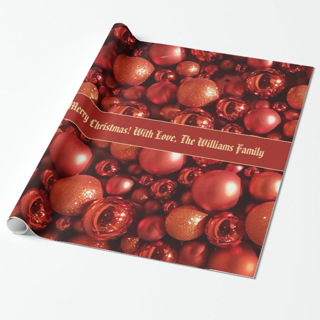 Röd jul Baubles Mönster Lägg till text Presentpapper (Utrullad)