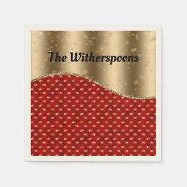 Röd jul-Blommigt med Guld Ribbon och Namn Pappersservett