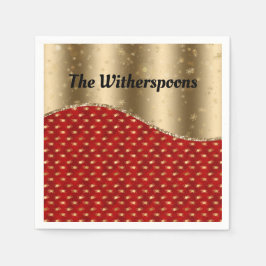 Röd jul-Blommigt med Guld Ribbon och Namn Pappersservett