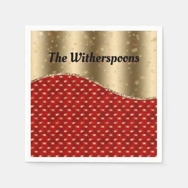 Röd jul-Blommigt med Guld Ribbon och Namn Pappersservett (Framsidan)