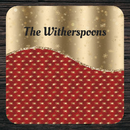 Röd jul-Blommigt med Guld Ribbon och Namn Underlägg Papper Kvadrat