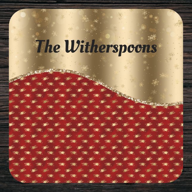 Röd jul-Blommigt med Guld Ribbon och Namn Underlägg Papper Kvadrat (Skapare uppladdad)