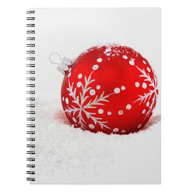 Röd jul Boll med snöflingor Anteckningsbok (Framsidan)
