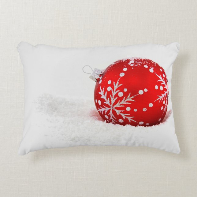 Röd jul Boll med snöflingor Prydnadskudde (Framsidan)