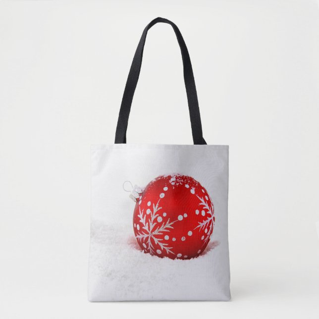 Röd jul Boll med snöflingor Tygkasse (Framsida)