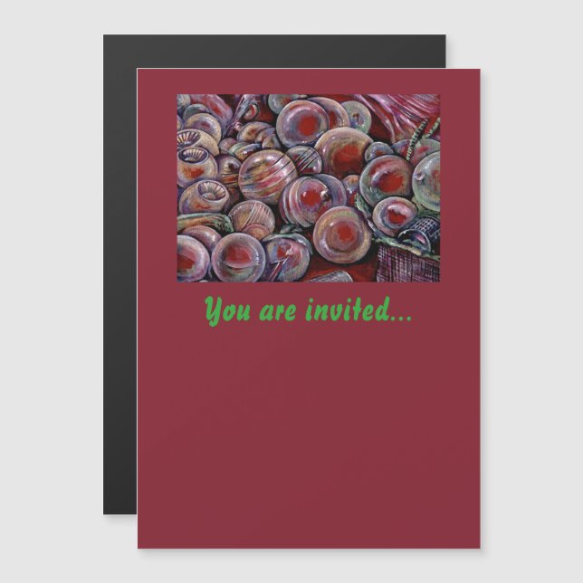 Röd jul Bollar Magnetisk Inbjudningskort (Fram/baksida)