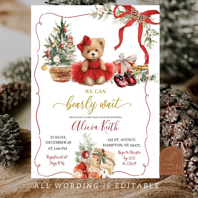 Röd jul Coquette Bear Flicka Bebis Shower Inbjudningar (Skapare uppladdad)
