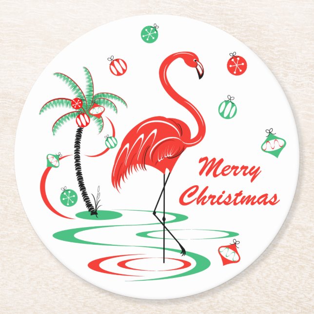 Röd jul Flamingo Baubles julrund Underlägg Papper Rund (Framsidan)