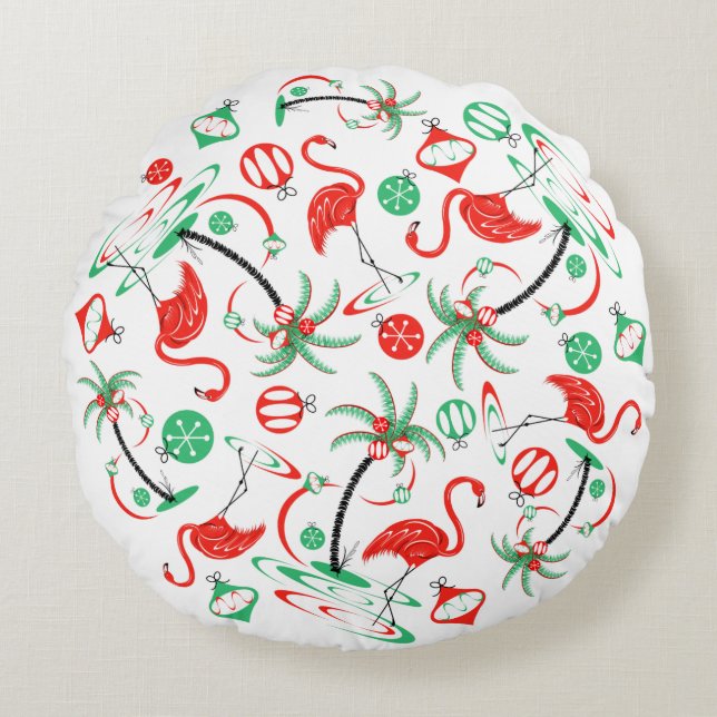 Röd jul Flamingo Multi Rund Kudde (Framsidan)