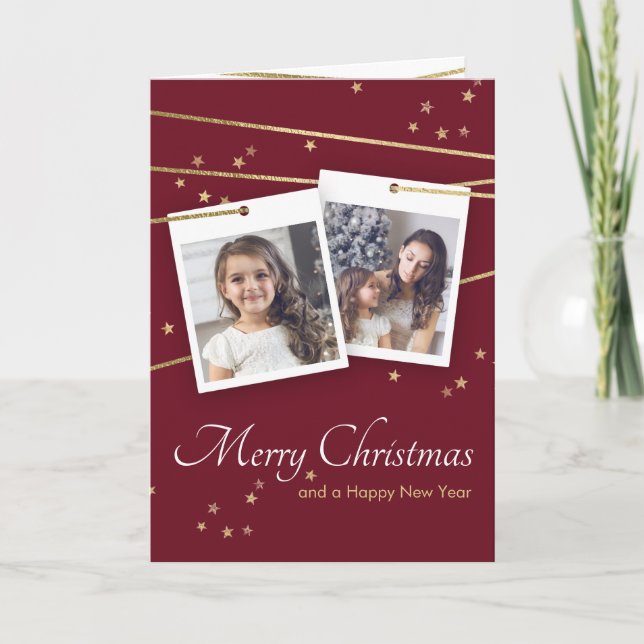 Röd jul fotograttis kort Gyllene geometriska linje (Framsida)