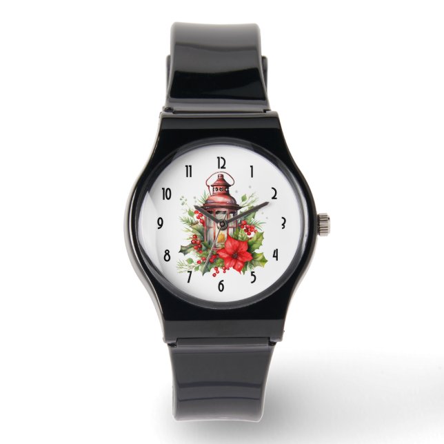 Röd jul Lantern Poinsettia och Gräs Armbandsur (Framsida)
