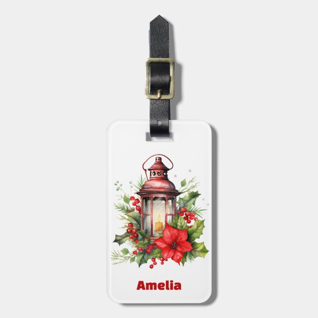 Röd jul Lantern Poinsettia och Gräs Bagagebricka (Vertikal Framsida)