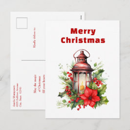 Röd jul Lantern Poinsettia och Gräs Helg Vykort