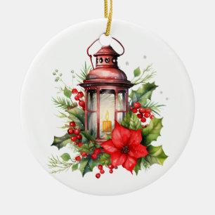 Röd jul Lantern Poinsettia och Gräs Julgransprydnad Keramik