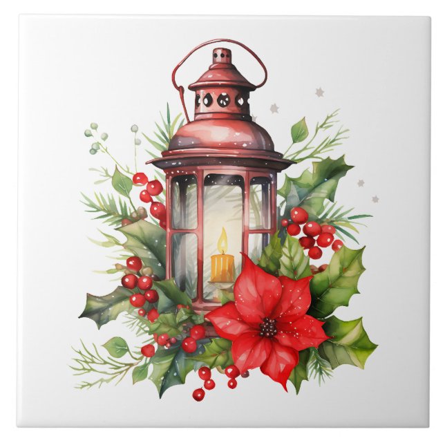 Röd jul Lantern Poinsettia och Gräs Kakelplatta (Framsidan)