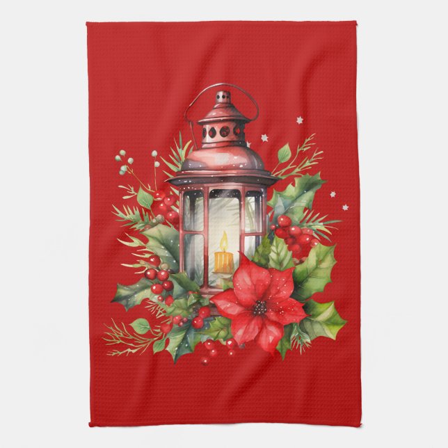 Röd jul Lantern Poinsettia och Gräs Kökshandduk (Vertikal)