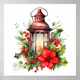 Röd jul Lantern Poinsettia och Gräs Poster