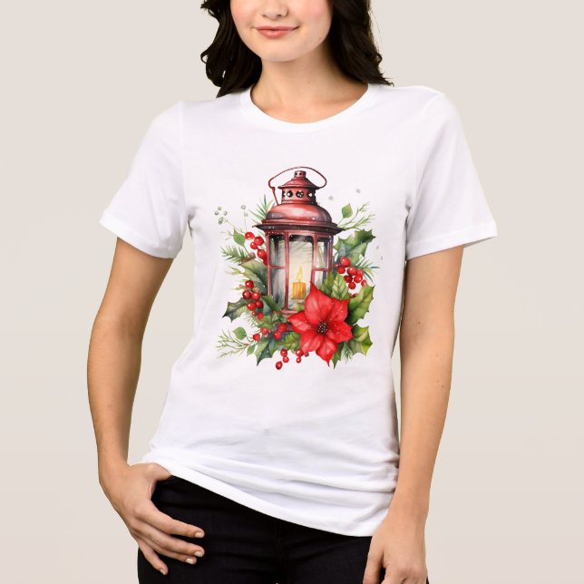 Röd jul Lantern Poinsettia och Gräs T Shirt (Framsida)