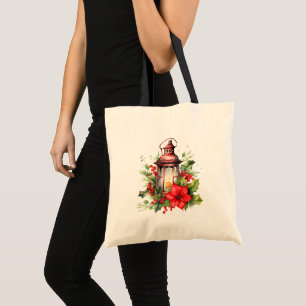 Röd jul Lantern Poinsettia och Gräs Tygkasse