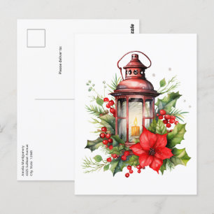 Röd jul Lantern Poinsettia och Gräs Vykort