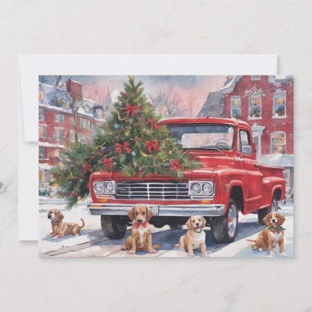 Röd jul-lastbil i by med valpar julkort (Framsida)
