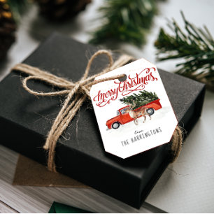 Röd jul Lastbil och renar HELGDAG MÄRKRE Gåvor Etiketter