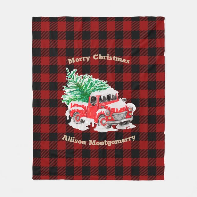 Röd jul och svart Tartan Red Lastbil med träd Fleecefilt (Framsidan)