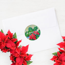 Röd jul Poinsettia Flowers Adress Runt Klistermärke