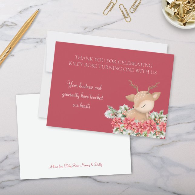 Röd jul Poinsettia Hjort Födelsedagsfest Tack Kort (Red Poinsettia and Little Deer Theme Christmas Winter Birthday Party Personalized Thank You Cards)