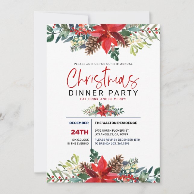 Röd jul Poinsettia och Wnter Foliage Inbjudningar (Framsida)