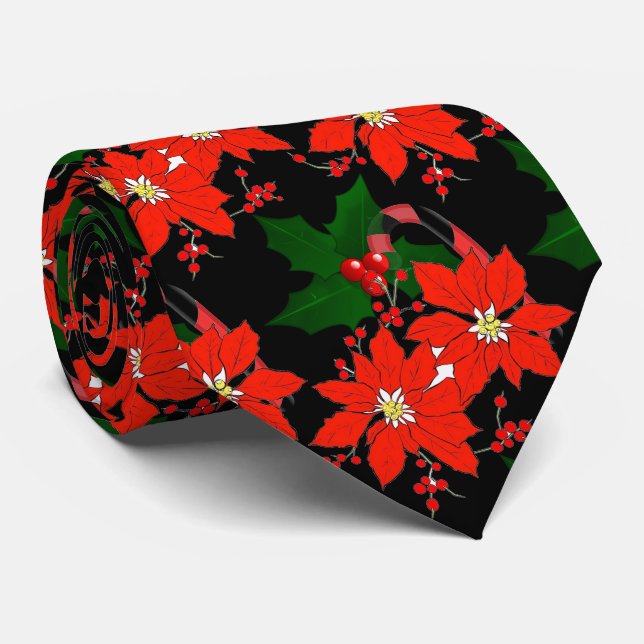 Röd jul Poinsettia på Black Neck Tie Slips (Rullad)