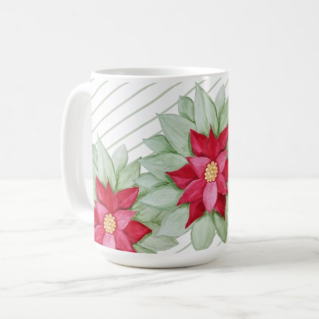 Röd jul Poinsettia Watercolor Hand målad Kaffemugg (Framsida vänster)