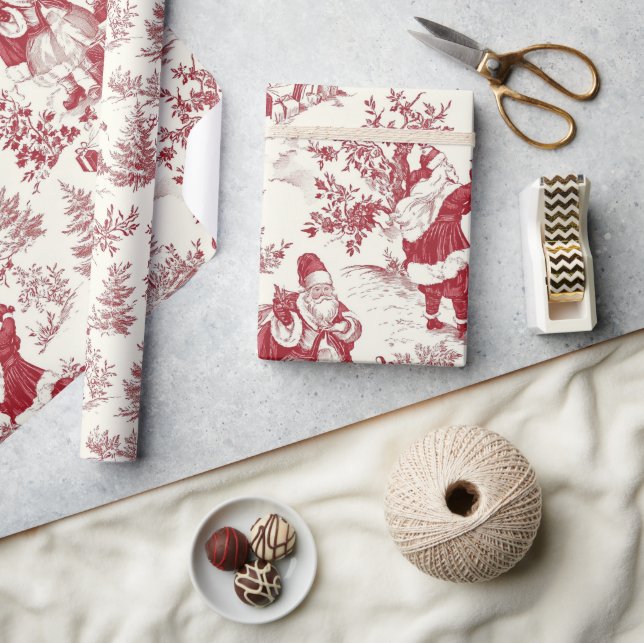 Röd jul toile Santa och träd Presentpapper (Hantverk)