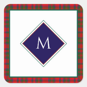 Röd jul ulltextur Plaid med monogram Fyrkantigt Klistermärke