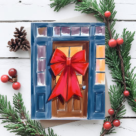 Röd julbåge dörrkrans akvarell helg vykort