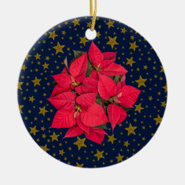 Röd julblomma, glatt guld-stjärnor på blå jul julgransprydnad keramik