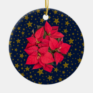 Röd julblomma, glatt guld-stjärnor på blå jul julgransprydnad keramik