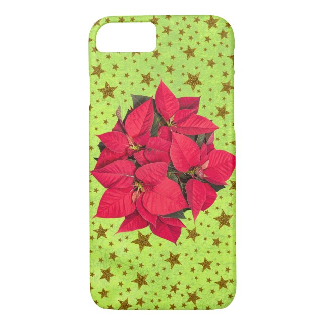 Röd julblomma, guld-stjärnor på abstraktens grönt Case-Mate iPhone skal (Baksida)