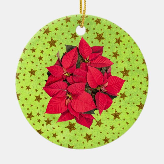 Röd julblomma, guld-stjärnor på abstraktens grönt julgransprydnad keramik (Framsidan)