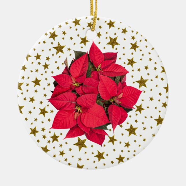 Röd julblomma och glatta guld-stjärnor julgransprydnad keramik (Framsidan)