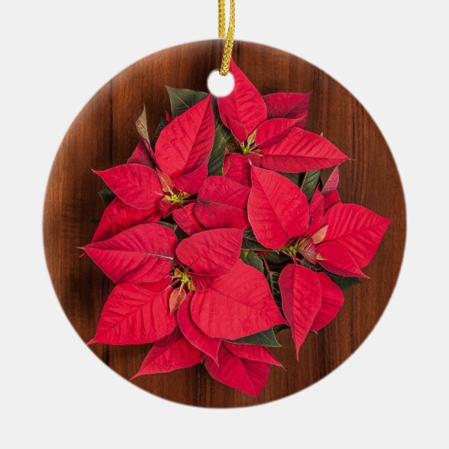 Röd julblomma på brunt trä julgransprydnad keramik (Framsidan)