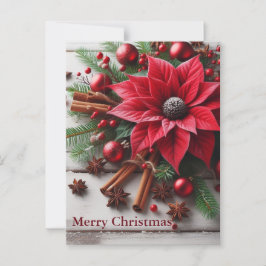 Röd julblomma på traditionellt vitt trä vykort